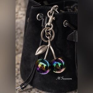 Oil Slick Cherry Charm Keychain Brushed Silver Multicolor NWT